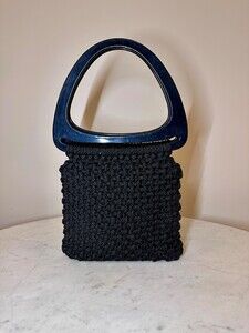 Vintage 60s 70s Macrame‎ Bag With Marbled  Accento Craft Handles